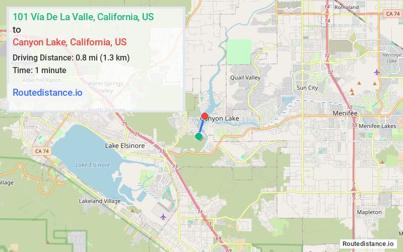 Route map from 101 Vía De La Valle to Canyon Lake