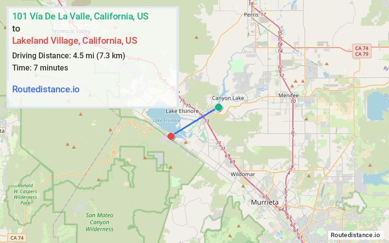 Route map from 101 Vía De La Valle to Lakeland Village