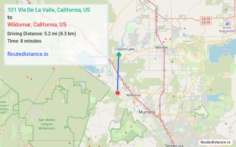 Route map from 101 Vía De La Valle to Wildomar