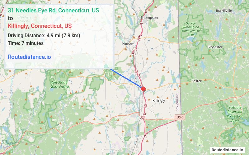 Route map from 31 Needles Eye Rd to Killingly