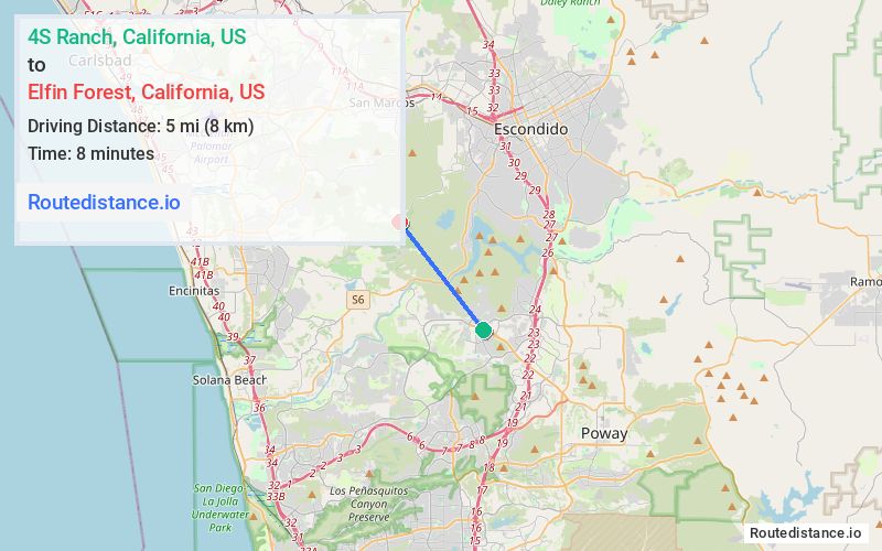 Route map from 4S Ranch to Elfin Forest