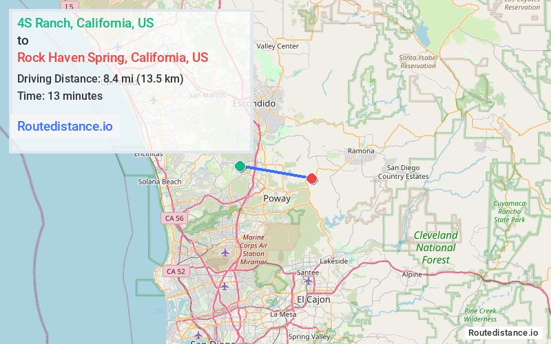 Route map from 4S Ranch to Rock Haven Spring