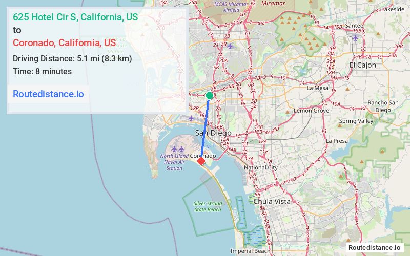 Route map from 625 Hotel Cir S to Coronado