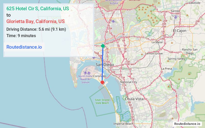 Route map from 625 Hotel Cir S to Glorietta Bay
