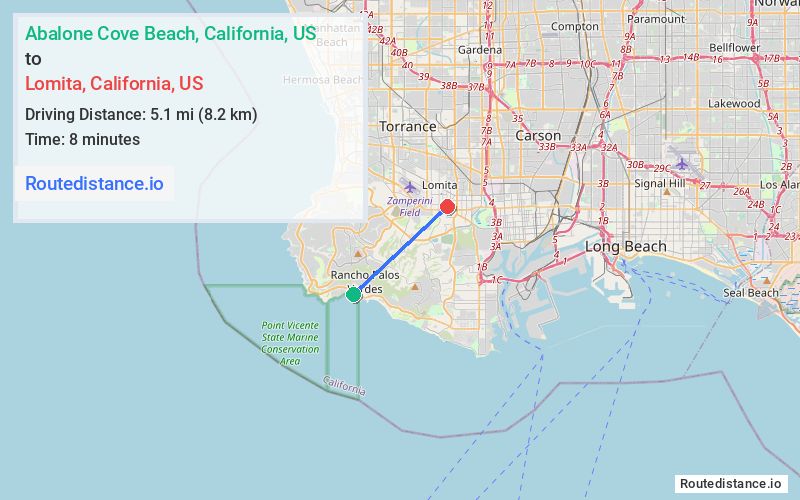 Route map from Abalone Cove Beach to Lomita