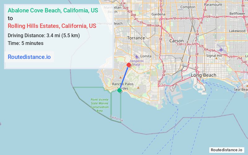 Route map from Abalone Cove Beach to Rolling Hills Estates
