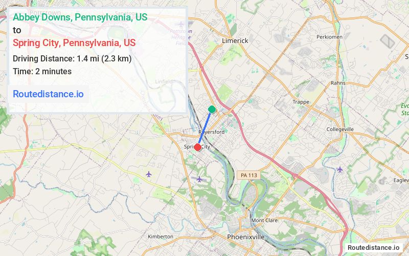 Route map from Abbey Downs to Spring City