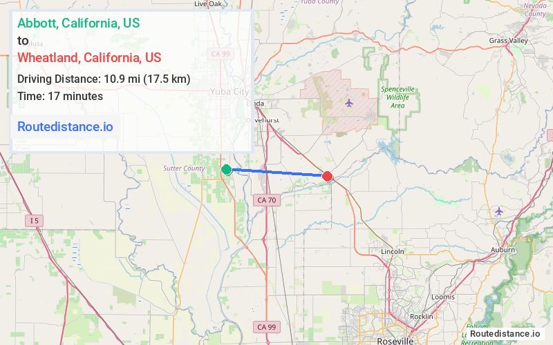 Route map from Abbott to Wheatland