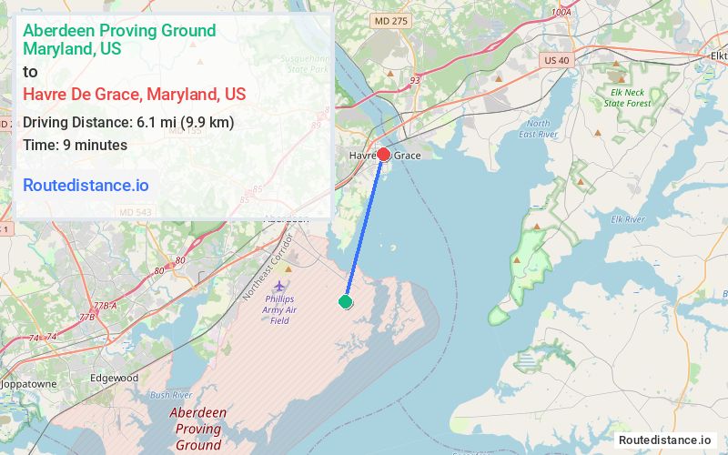 Route map from Aberdeen Proving Ground to Havre De Grace