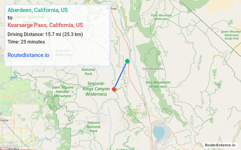 Route map from Aberdeen to Kearsarge Pass