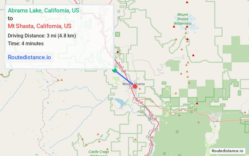 Route map from Abrams Lake to Mt Shasta