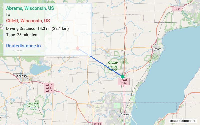 Route map from Abrams to Gillett
