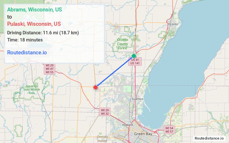 Route map from Abrams to Pulaski