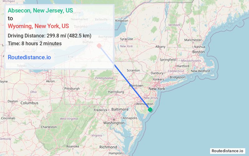 Route map from Absecon to Wyoming
