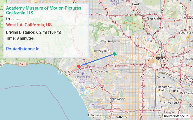 Route map from Academy Museum of Motion Pictures to West LA