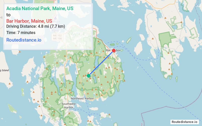 Route map from Acadia National Park to Bar Harbor