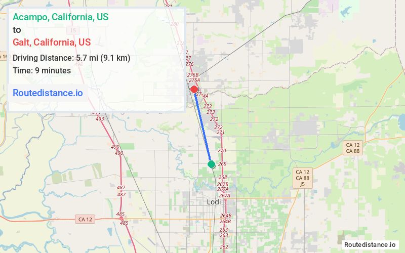 Route map from Acampo to Galt