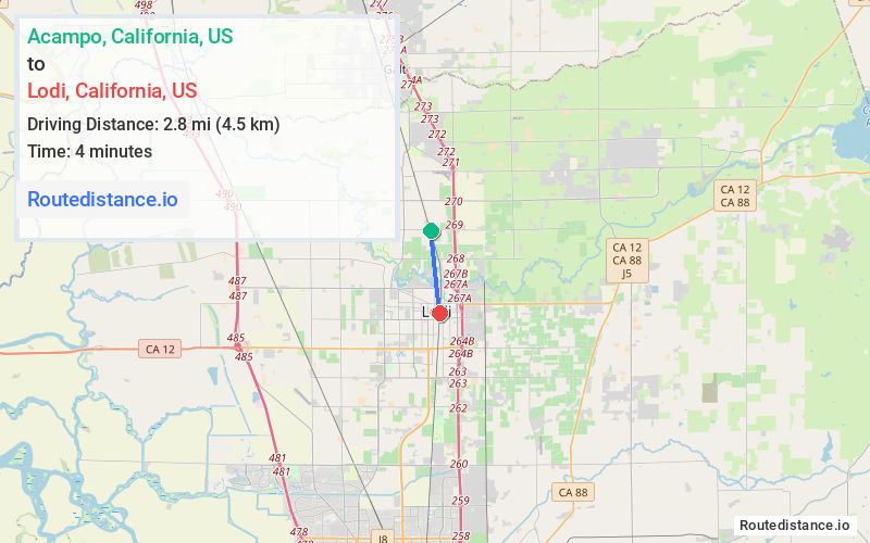 Route map from Acampo to Lodi