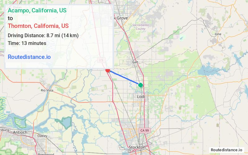 Route map from Acampo to Thornton