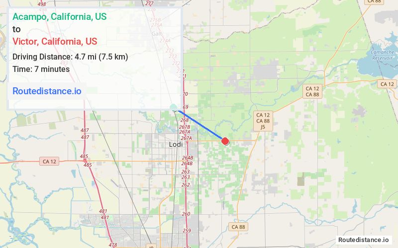 Route map from Acampo to Victor