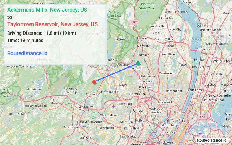 Route map from Ackermans Mills to Taylortown Reservoir