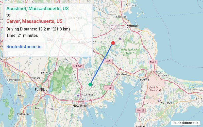 Route map from Acushnet to Carver