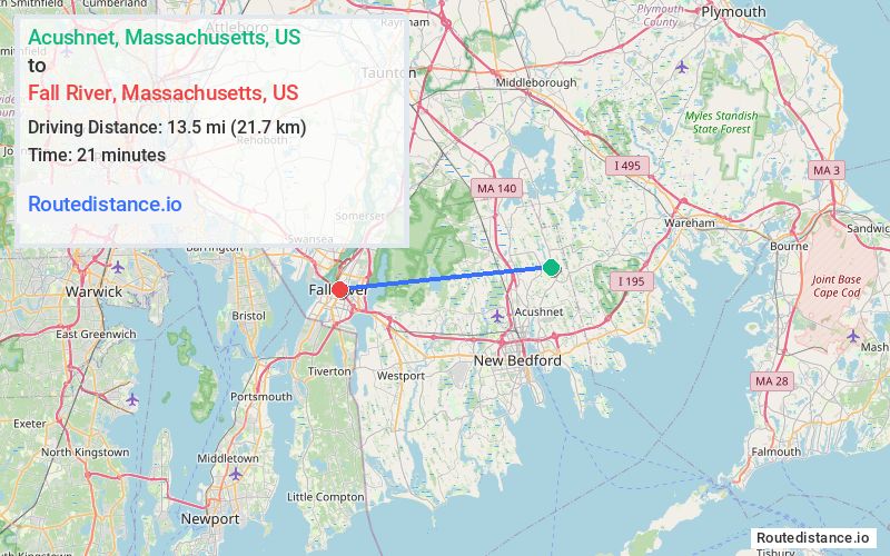 Route map from Acushnet to Fall River