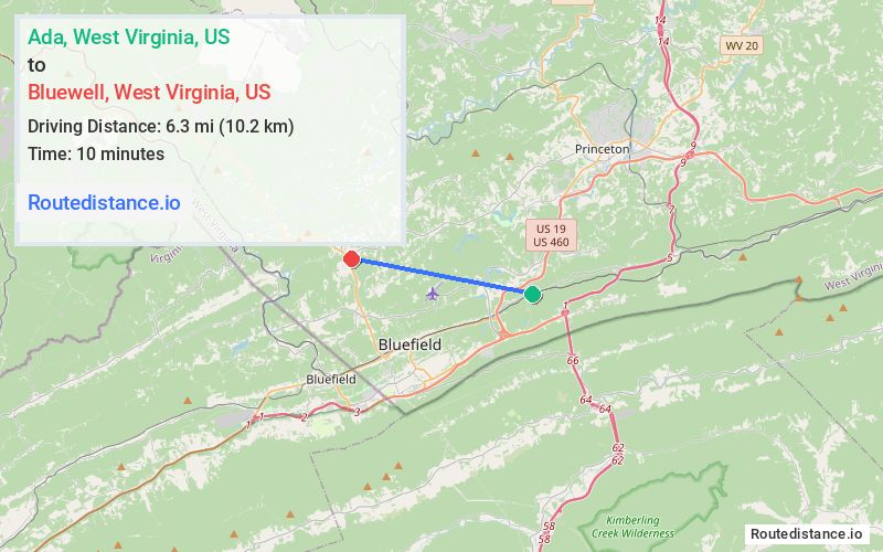 Route map from Ada to Bluewell