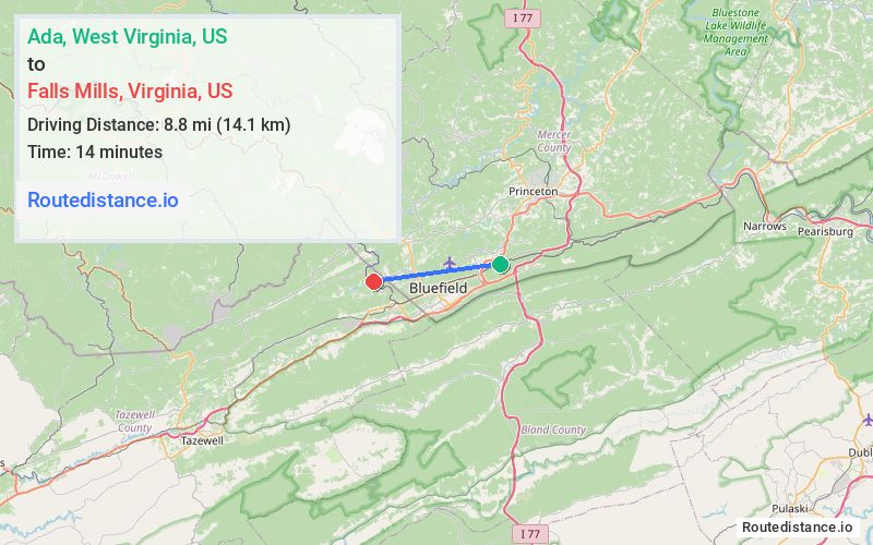 Distance from Ada to Falls Mills
