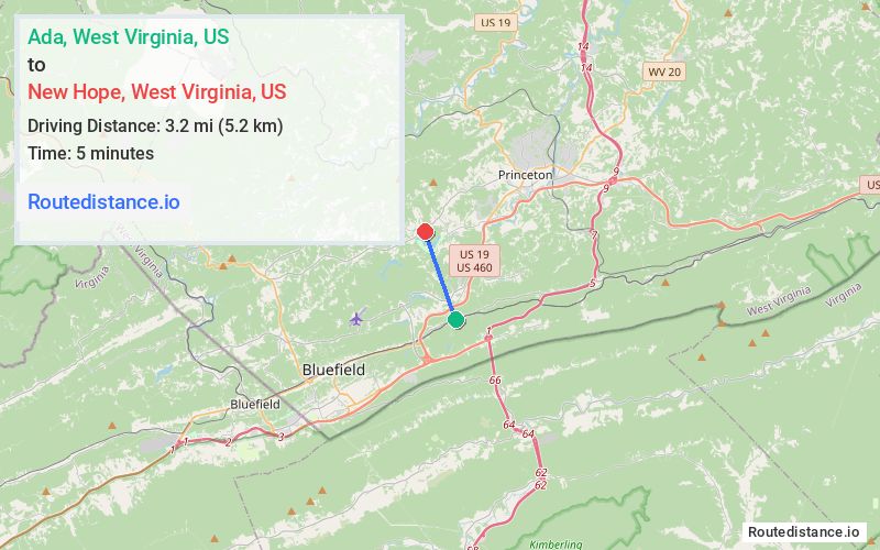 Route map from Ada to New Hope