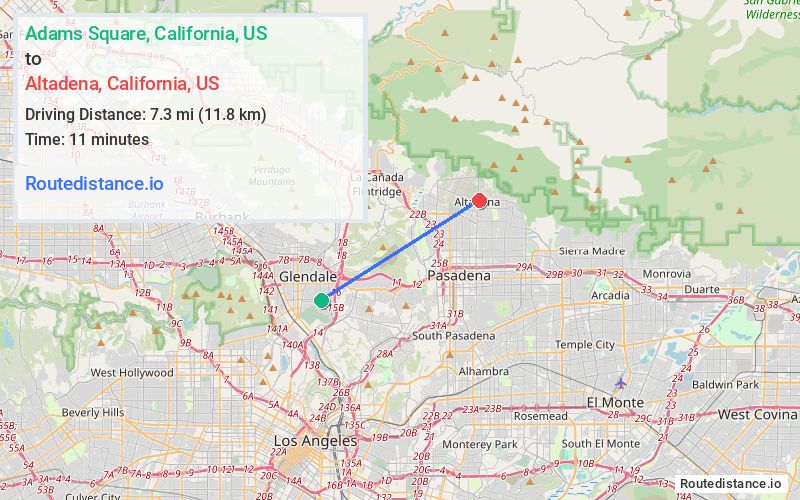 Route map from Adams Square to Altadena