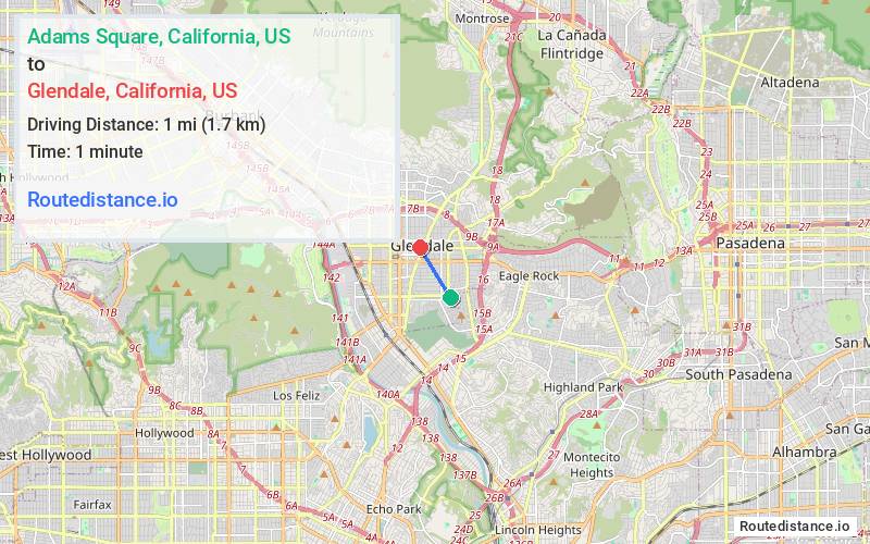 Route map from Adams Square to Glendale
