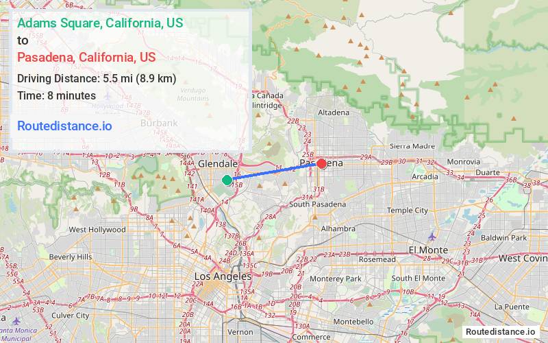 Route map from Adams Square to Pasadena