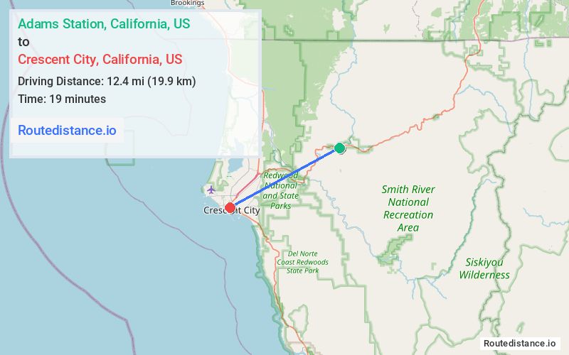 Route map from Adams Station to Crescent City