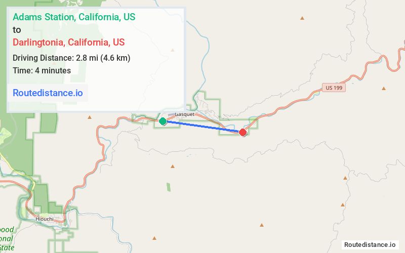 Route map from Adams Station to Darlingtonia