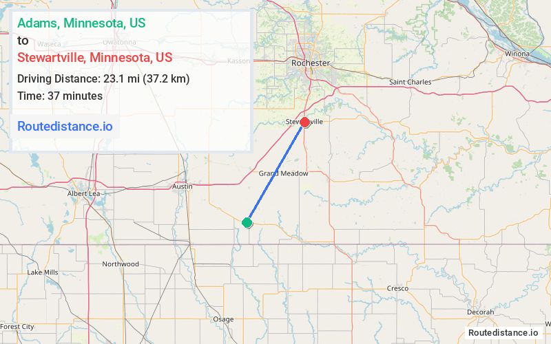 Route map from Adams to Stewartville