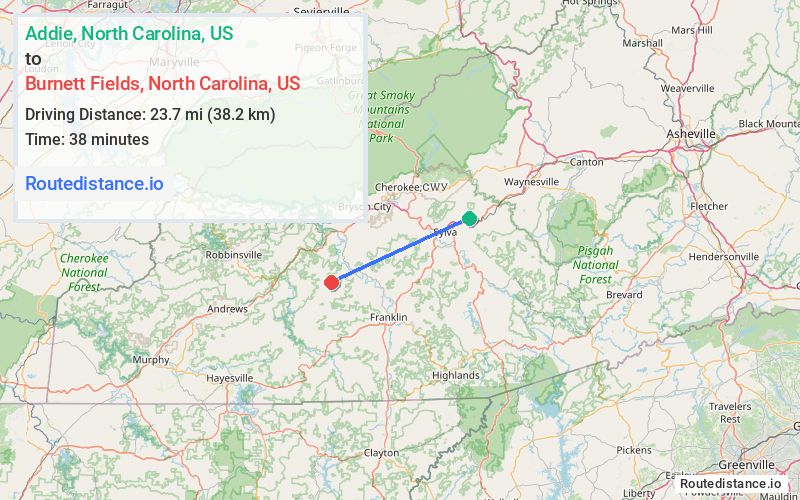 Route map from Addie to Burnett Fields