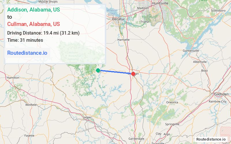 Route map from Addison to Cullman