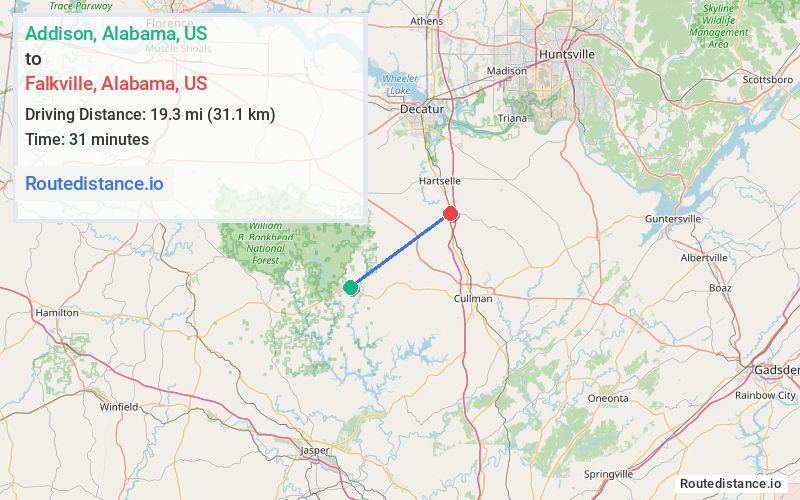 Route map from Addison to Falkville