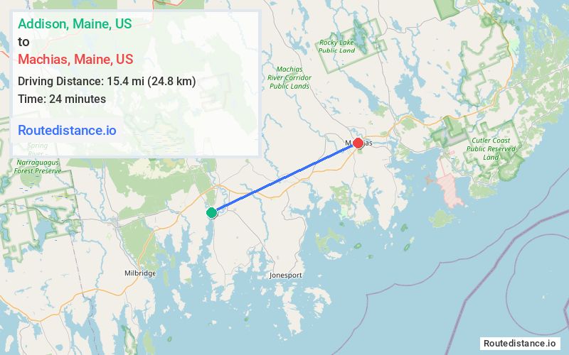 Route map from Addison to Machias