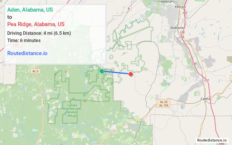 Distance from Aden to Pea Ridge