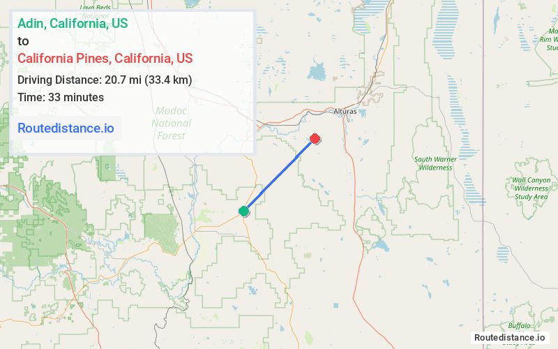 Route map from Adin to California Pines