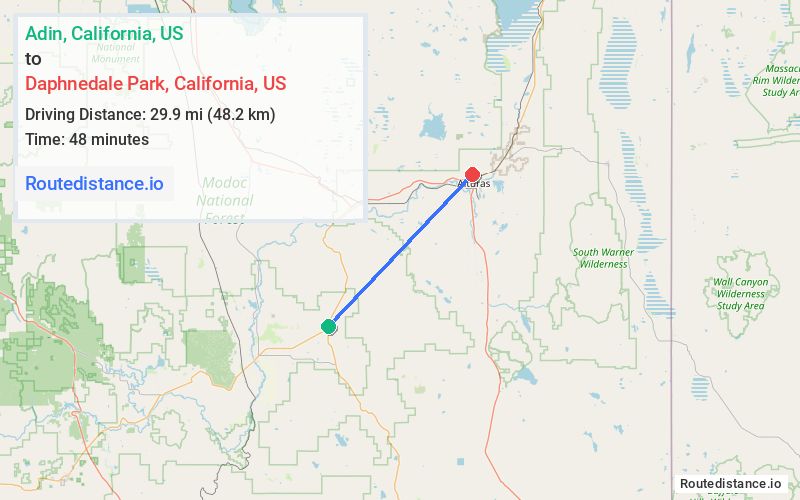 Route map from Adin to Daphnedale Park