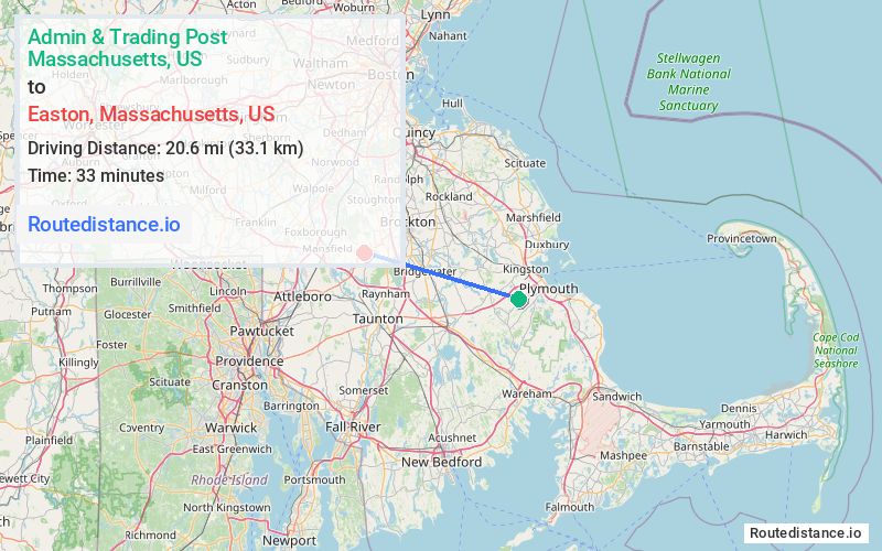 Route map from Admin & Trading Post to Easton