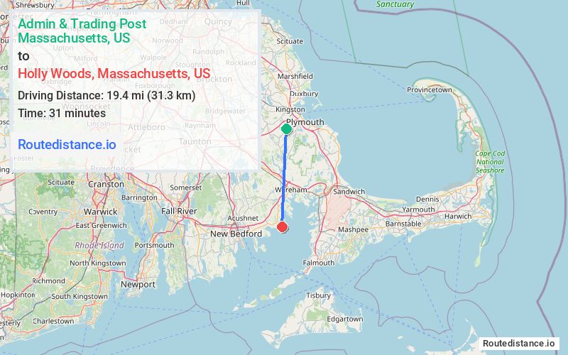 Route map from Admin & Trading Post to Holly Woods