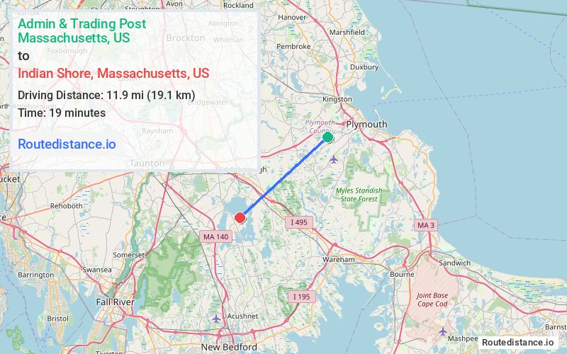 Route map from Admin & Trading Post to Indian Shore