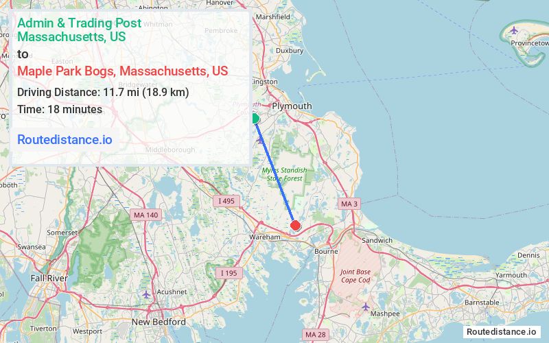 Route map from Admin & Trading Post to Maple Park Bogs