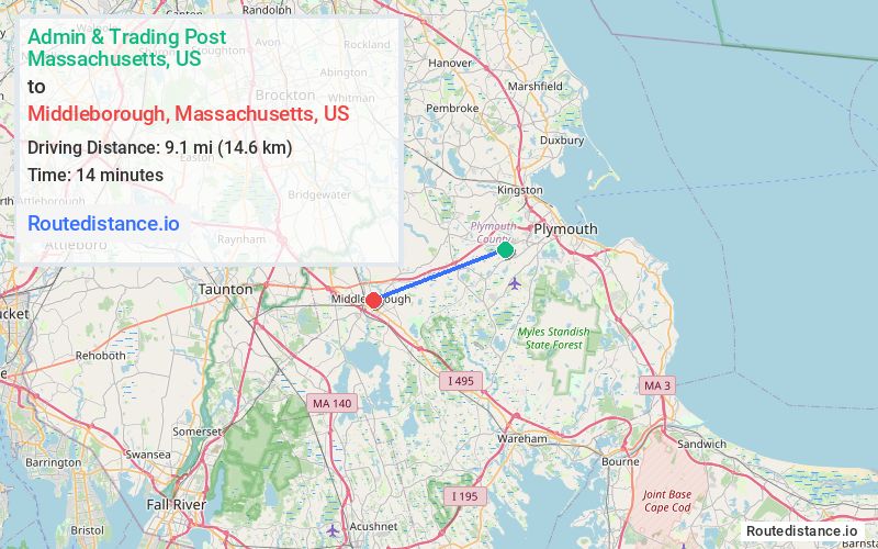 Route map from Admin & Trading Post to Middleborough
