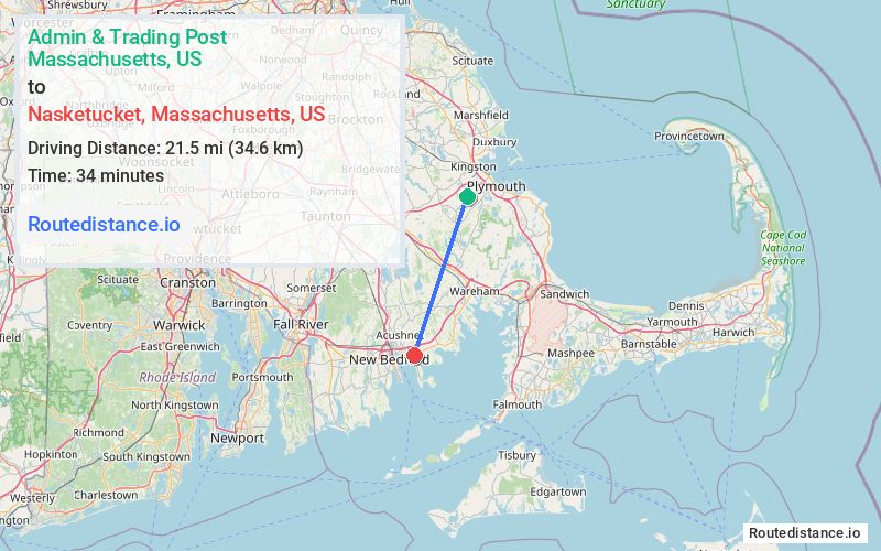 Route map from Admin & Trading Post to Nasketucket