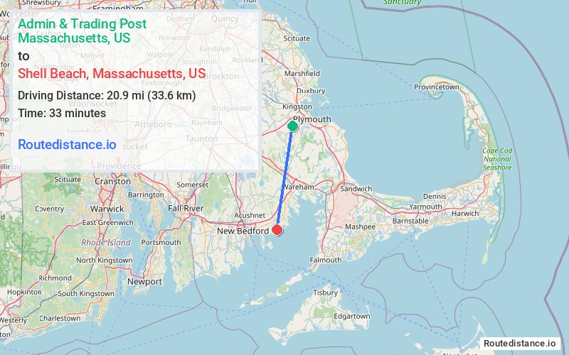 Route map from Admin & Trading Post to Shell Beach